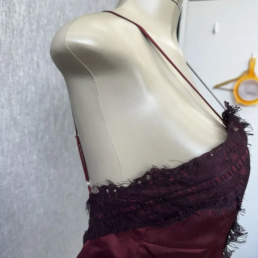 Nasty Gal Burgundy Satin Wide Leg Jumpsuit Lace Trim PTP 16 Open Back XXS Slit - Picture 10 of 16